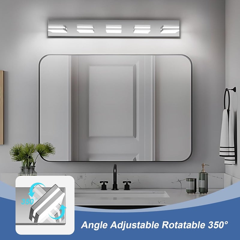JZEKVN Modern LED Bathroom Lights Fixtures(5-Light),Stainless Steel Chrome Acrylic Wall Lighting,Vanity Lights for Bathroom Over Mirror(6000k 34in) - Image 3